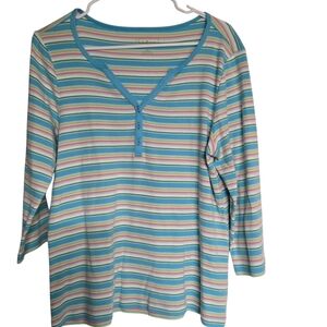 LL Bean Women's Multicolor Striped Vneck 3/4 Sleeve Top Size Large